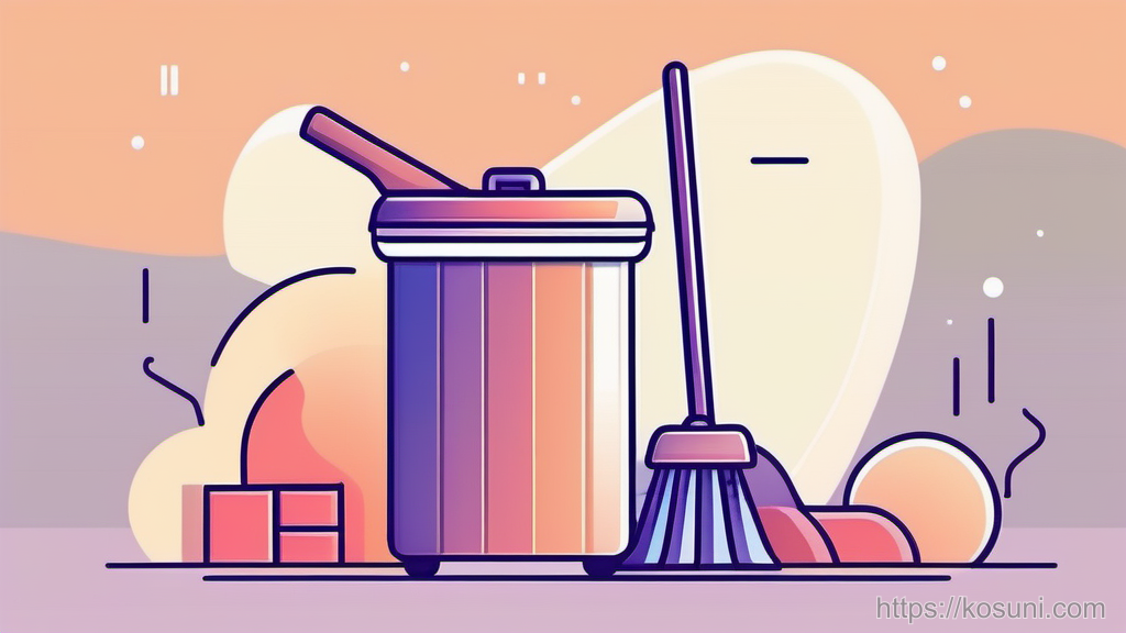 Trash bin and broom symbolizing safe cleanup steps