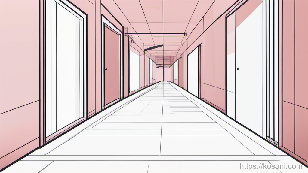 Navigation diagram showing hallway path with branching doors