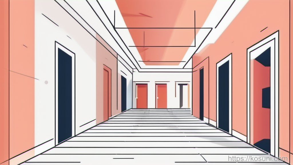 Abstract hallway maze with doors and directional arrows