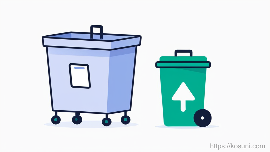 Trash bin and storage box illustrating delete versus offload
