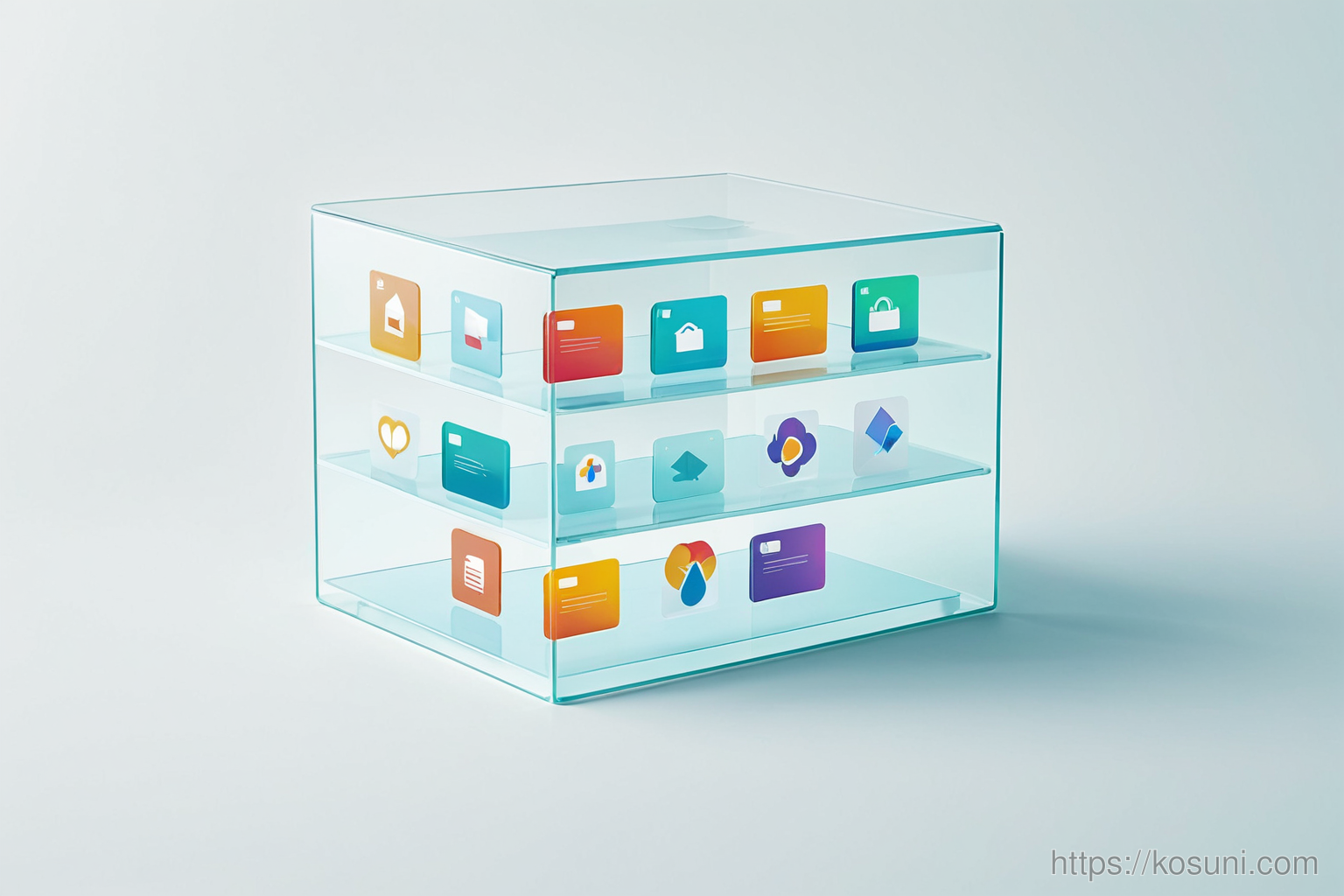 Glass storage box with website icons floating inside