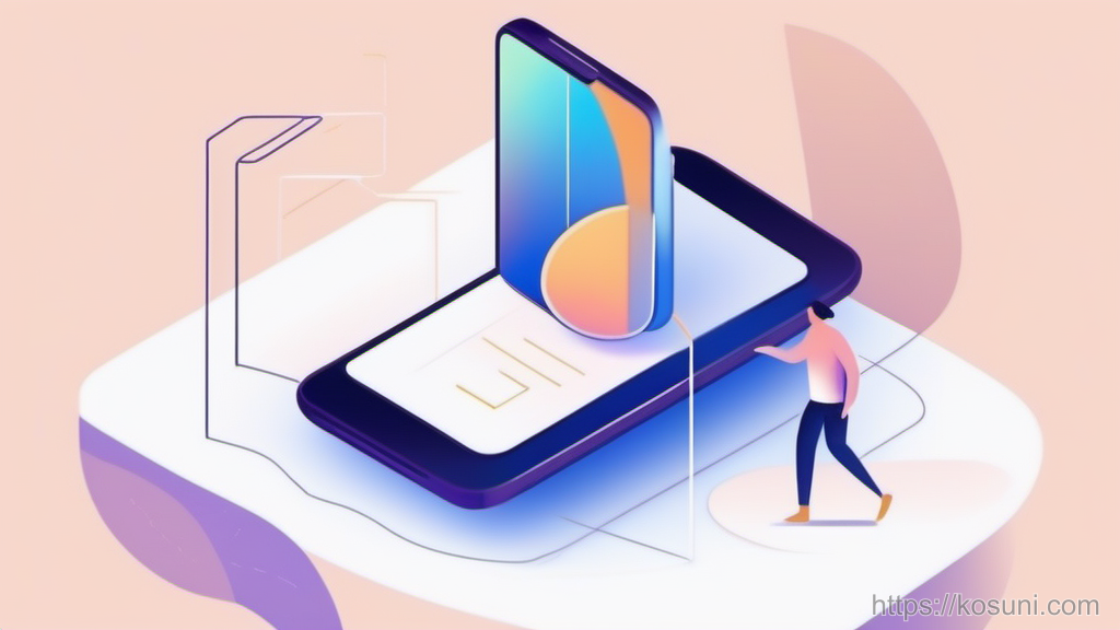 Magnifying glass over abstract mobile layout cards